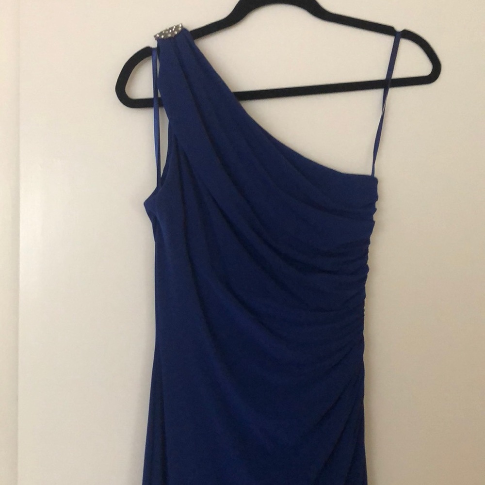 Royal blue one shoulder crepe evening dress